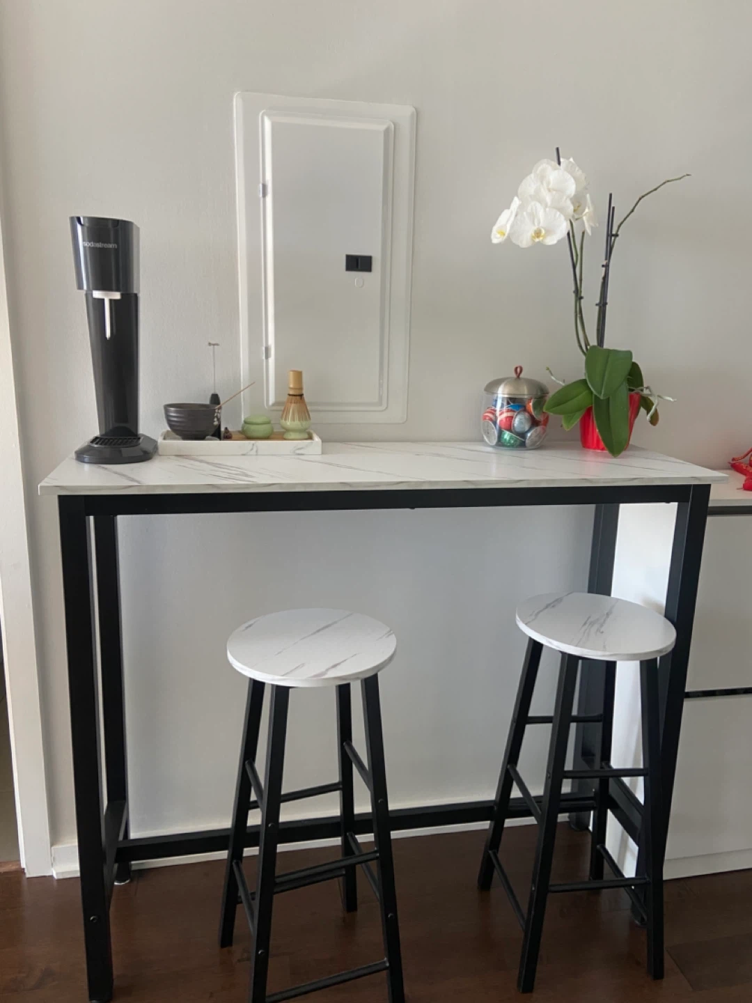 MOVE OUT SALE: Bar Table with 2 Stools - Marble White