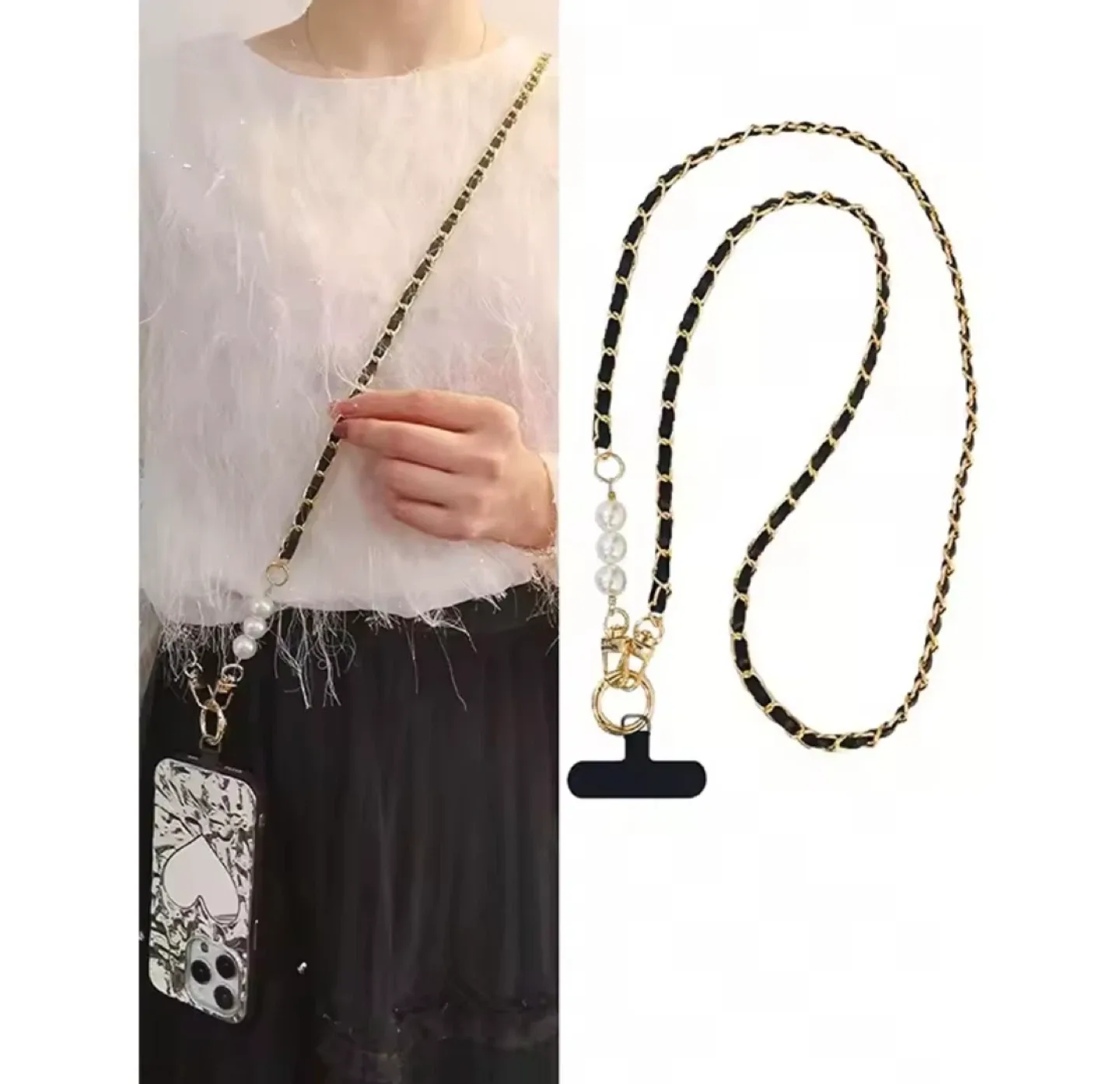 Pearl Chain Phone Lanyard - White & Gold thumbnail