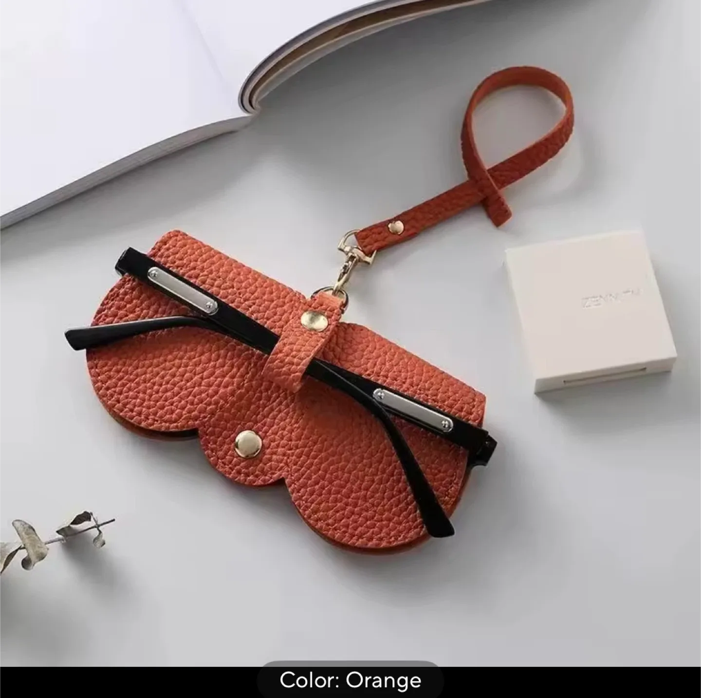 Orange Leather Glasses Case with Strap thumbnail
