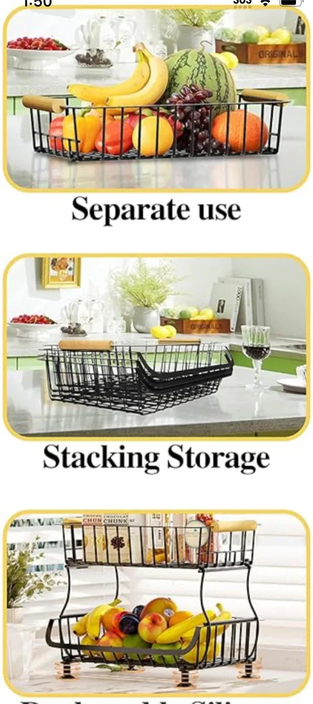 2-Tier Fruit Basket with Wooden Handle image indicator(2)