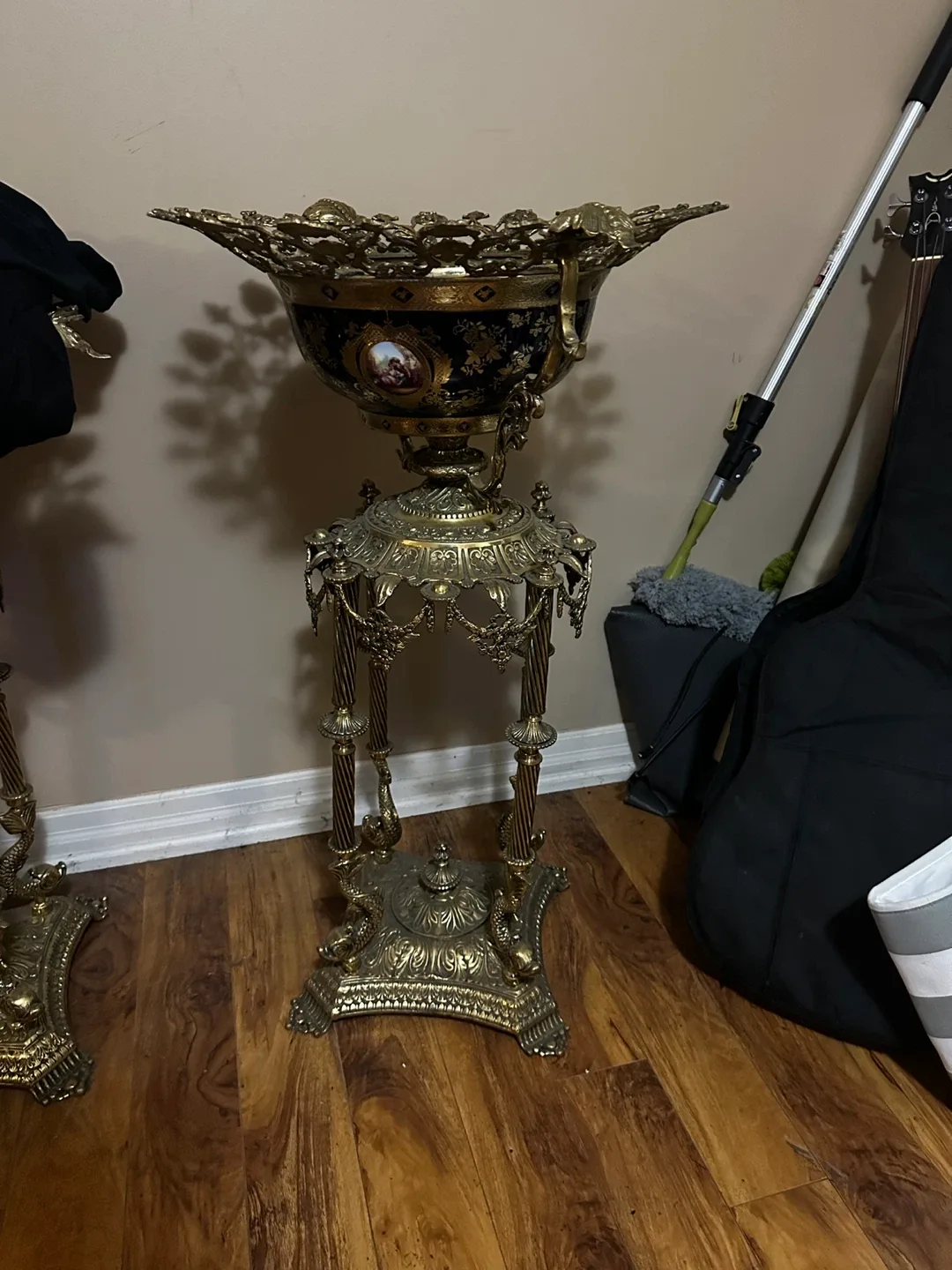 Vintage Ornate Gold-Tone Decorative Bowl with Stand