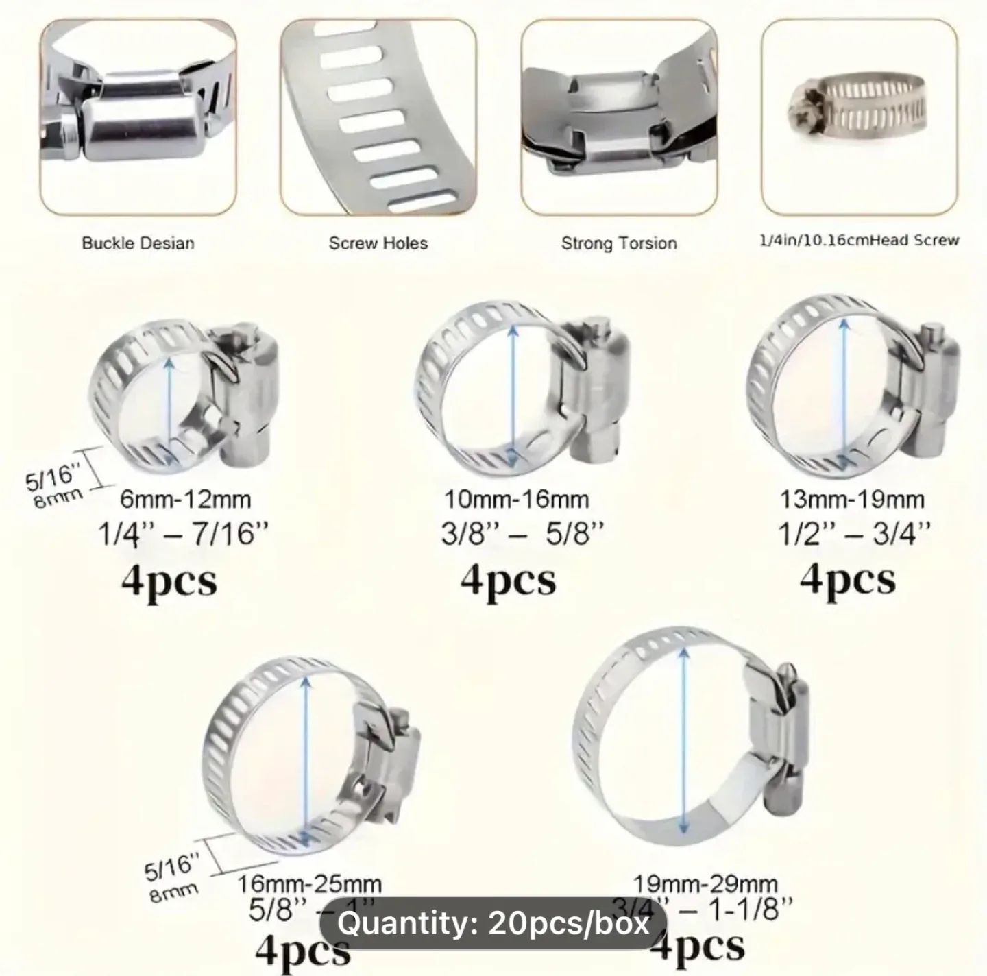 20pcs Stainless Steel Hose Clamp Set, Worm Gear Adjustable Range image indicator(6)