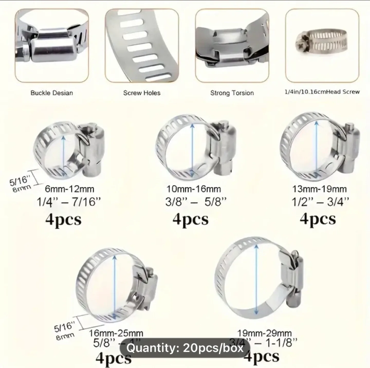 20pcs Stainless Steel Hose Clamp Set, Worm Gear Adjustable Range image indicator(4)