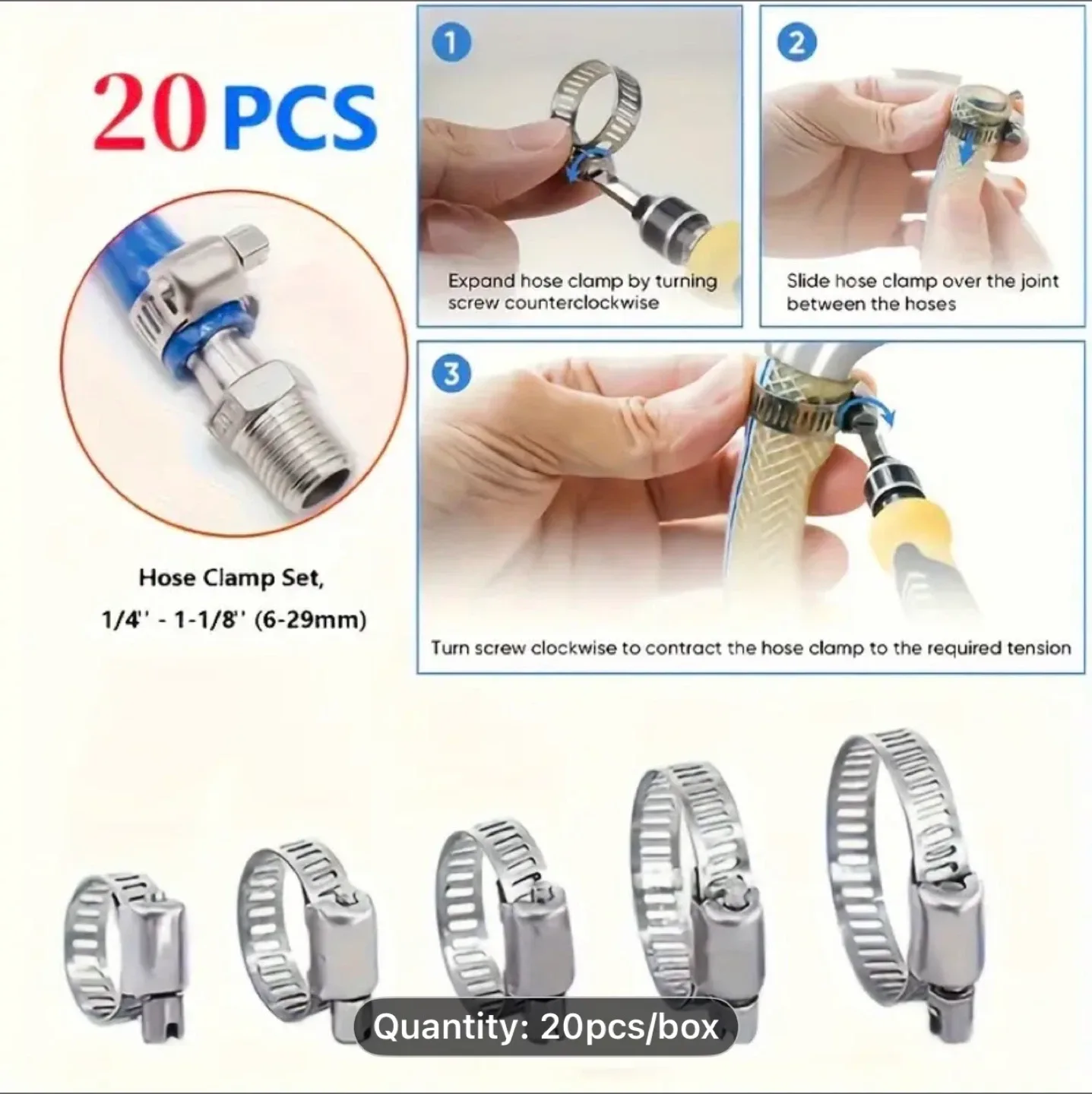 20pcs Stainless Steel Hose Clamp Set, Worm Gear Adjustable Range image indicator(2)