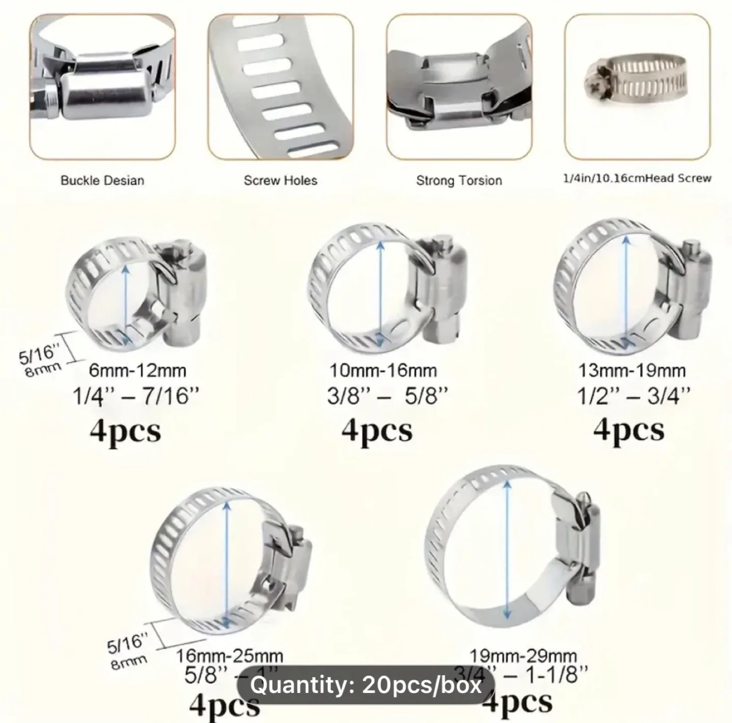 20pcs Stainless Steel Hose Clamp Set, Worm Gear Adjustable Range image indicator(8)