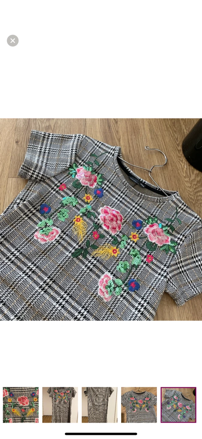 Plaid Dress with Floral Embroidery