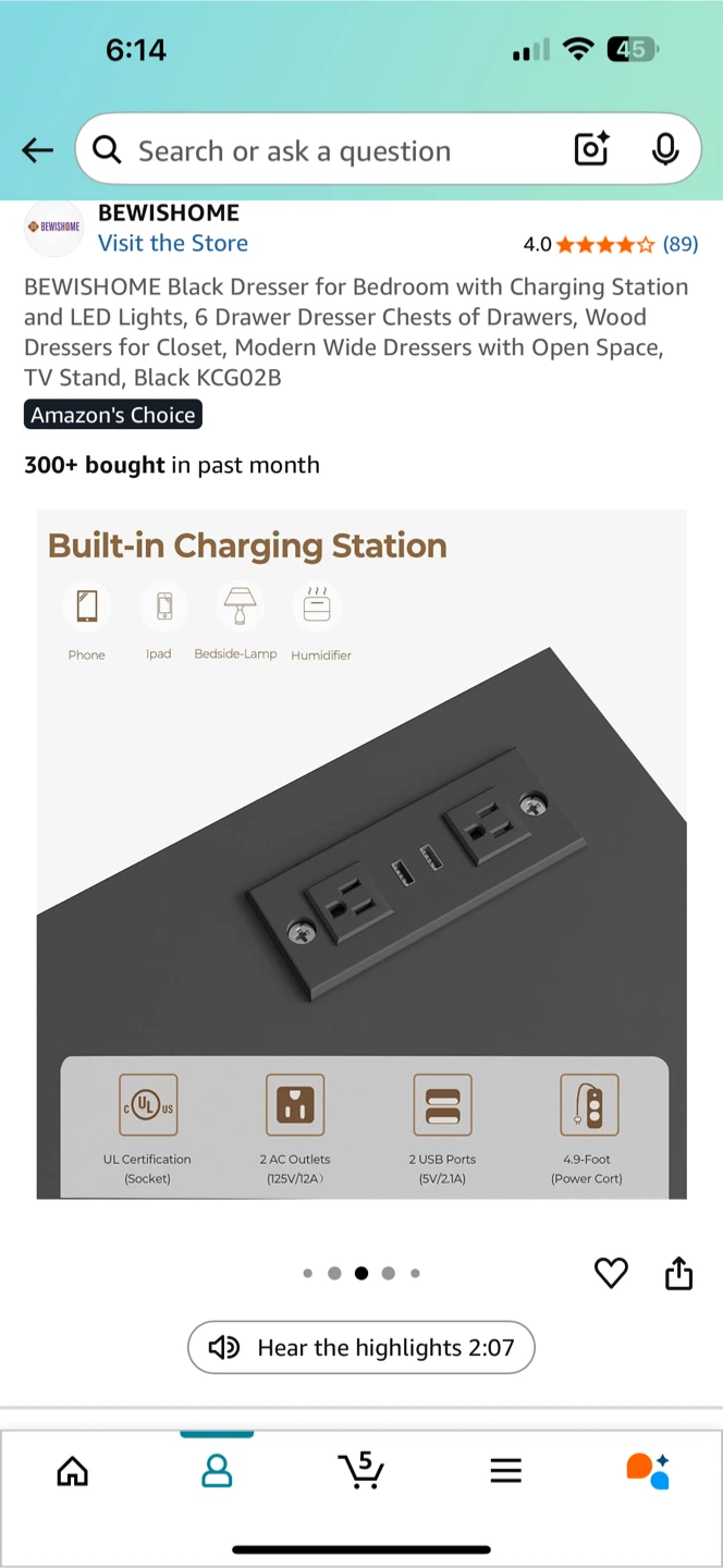 BEWISHOME Black 6-Drawer Dresser with Charging Station - photo 3