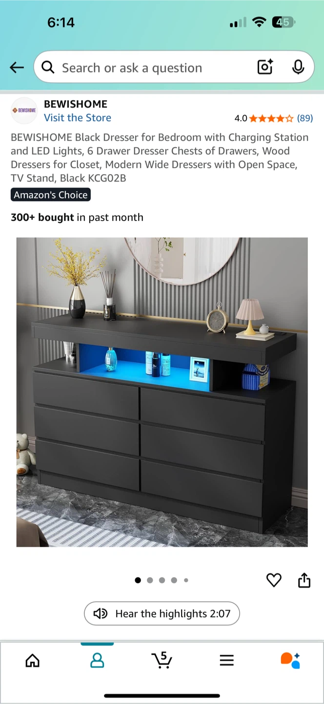 BEWISHOME Black 6-Drawer Dresser with Charging Station