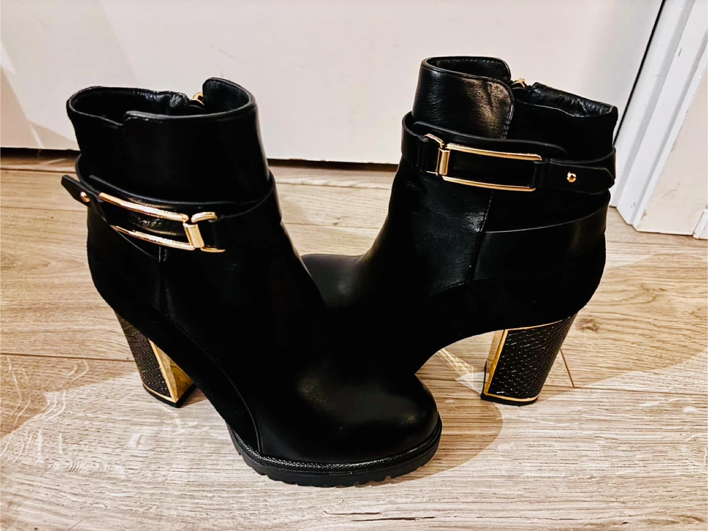 Black Ankle Boots with Gold Accents