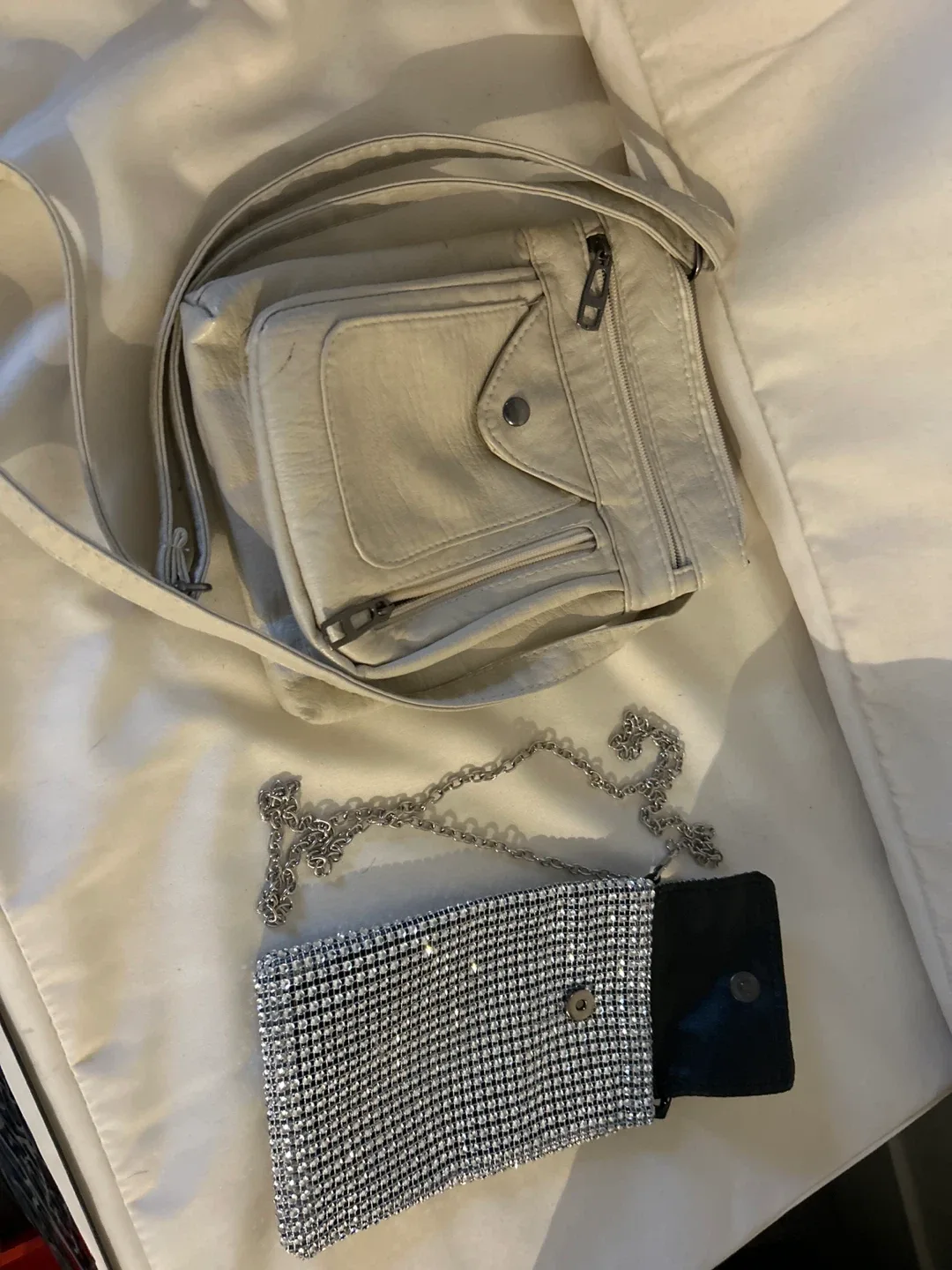Two Purses: Beige Crossbody & Silver Clutch thumbnail