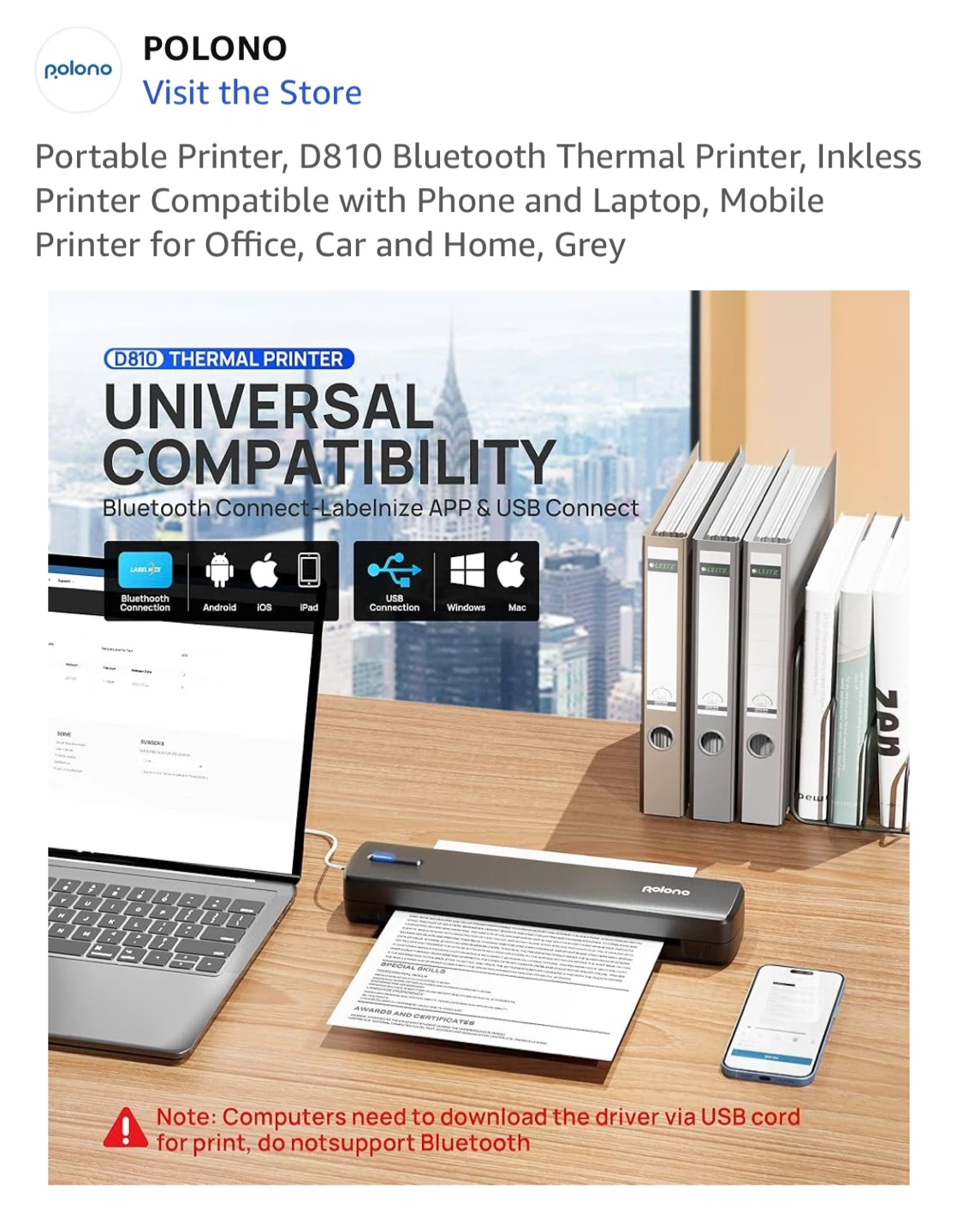 Polono D810 Bluetooth Thermal Printer - Grey - photo 2