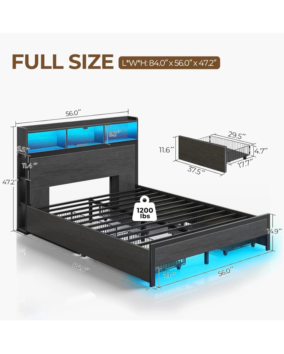 Full Size Bed Frame with LED Headboard - photo 4