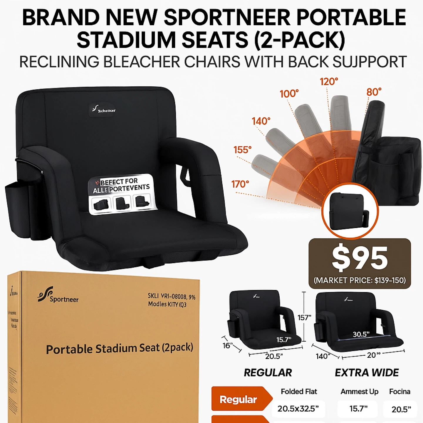 Sportneer Portable Stadium Seat (2-Pack) NEW
