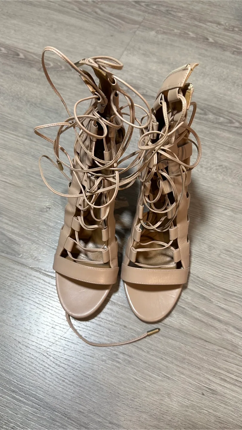 Aquazzura Firenze Nude Leather Lace-Up Heels - Size 39 thumbnail