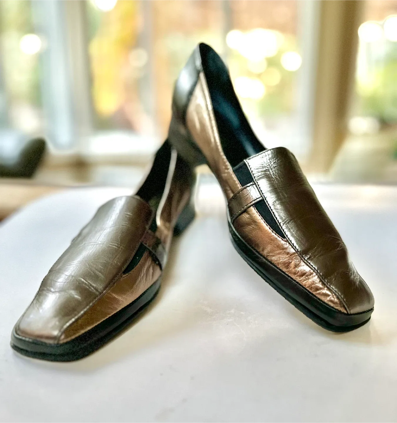 Amalfi by Rangoni Bronze Leather Block Heel Loafers size 9.5 AA image indicator(3)