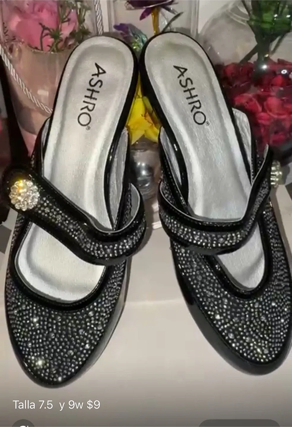 ASHRO Black Rhinestone Mules - Size 7.5 thumbnail
