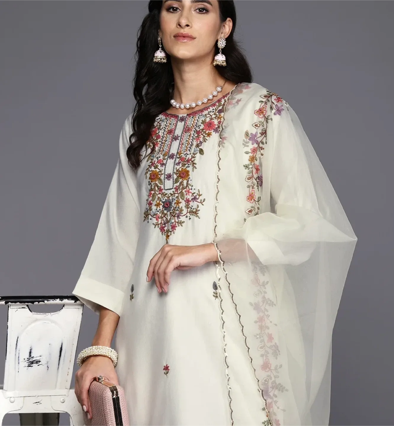White Embroidered Kurta Set image indicator(3)