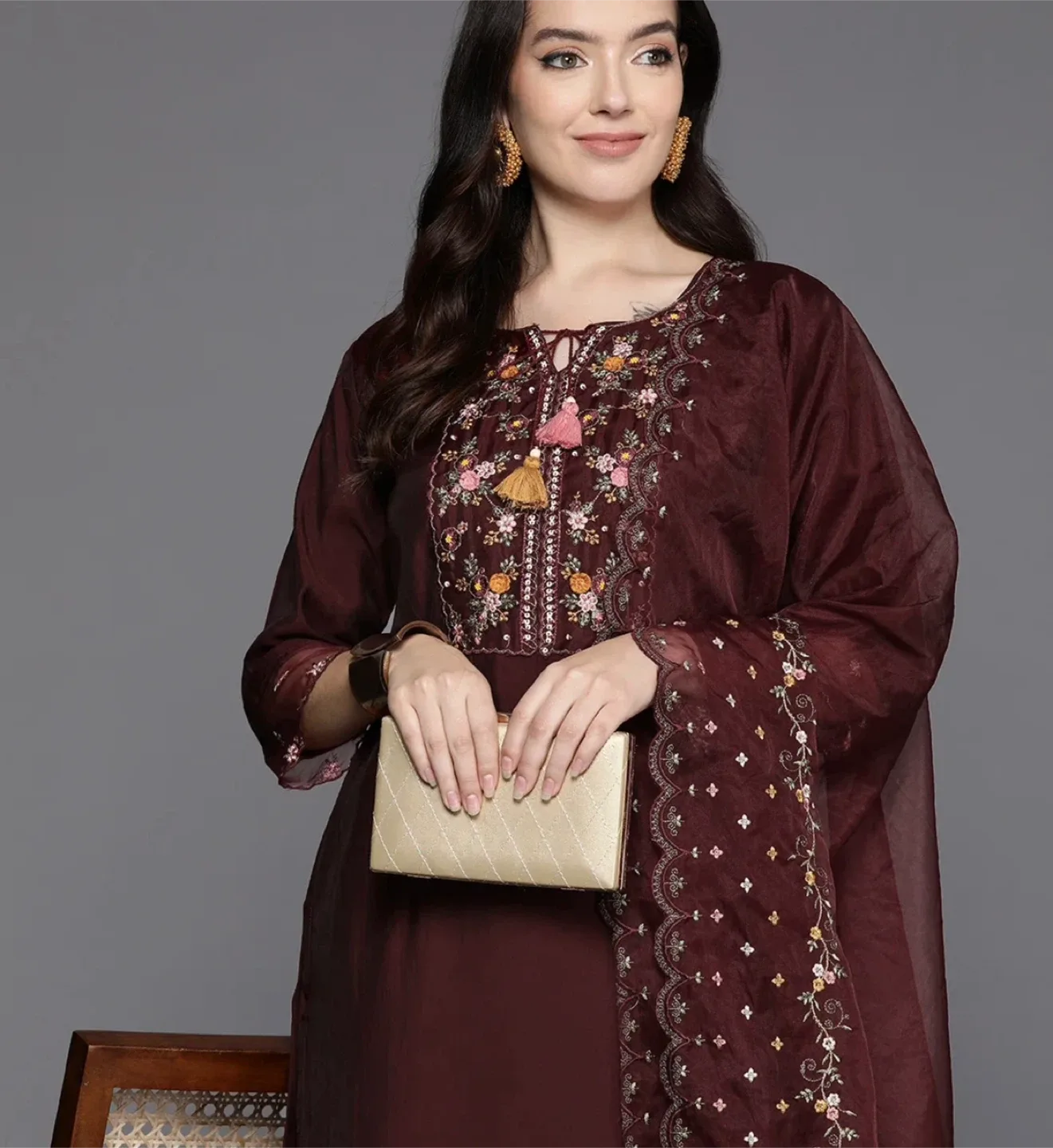 Burgundy Embroidered Kurta with Dupatta image indicator(3)
