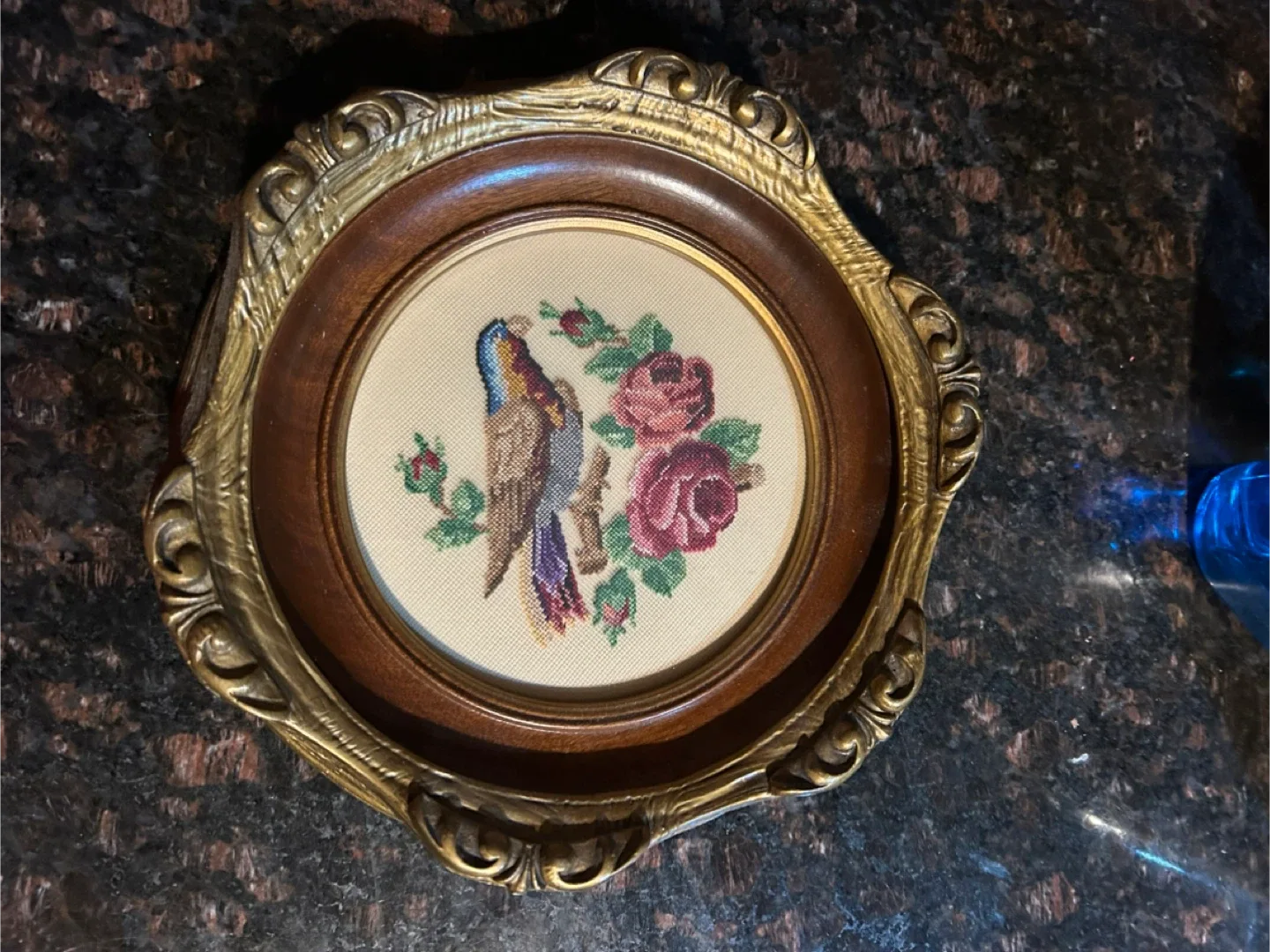 Vintage Framed Needlepoint Bird & Roses image indicator(2)