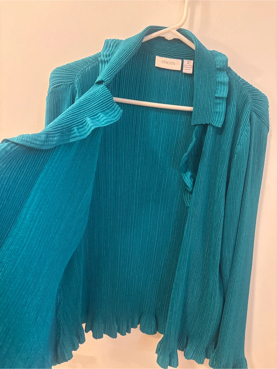 Chico's Teal Pleated Ruffle Blouse - Size 2 image indicator(6)