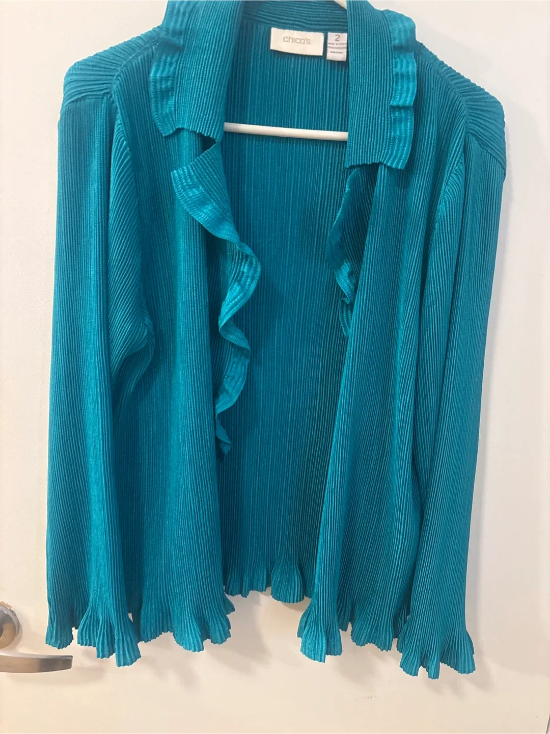 Chico's Teal Pleated Ruffle Blouse - Size 2 image indicator(7)