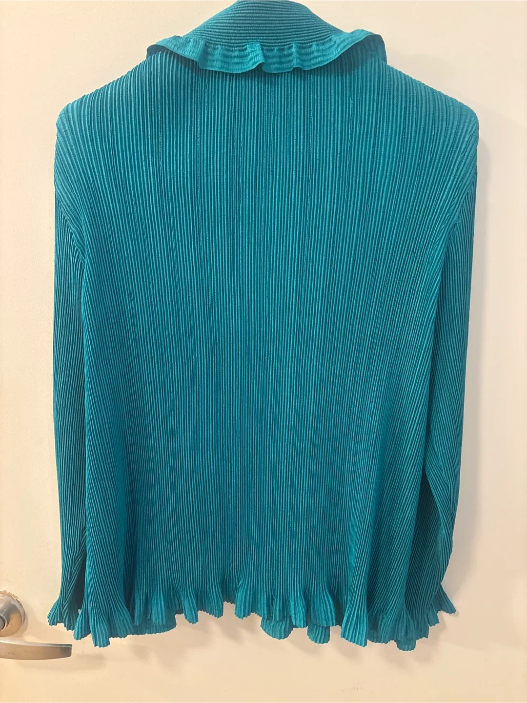 Chico's Teal Pleated Ruffle Blouse - Size 2 image indicator(5)
