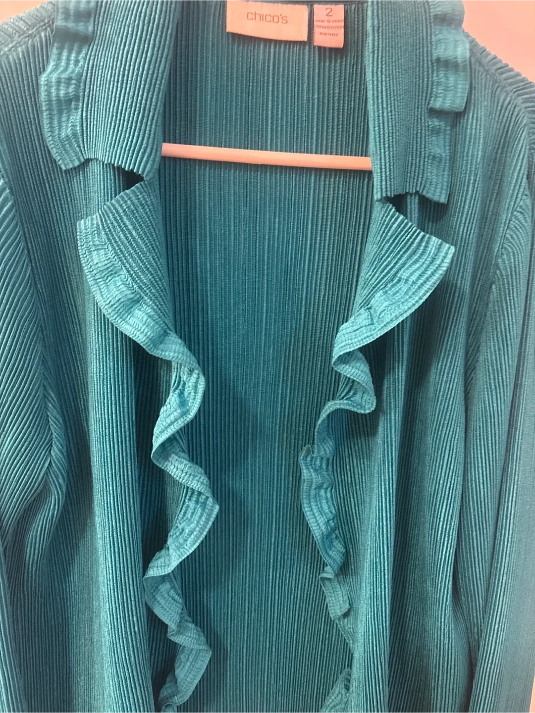Chico's Teal Pleated Ruffle Blouse - Size 2 image indicator(3)