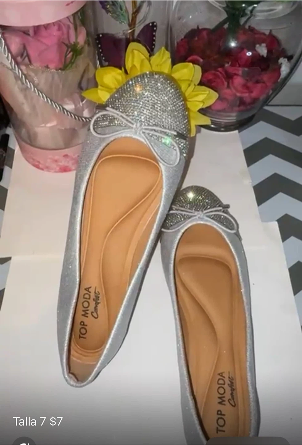 Top Moda Comfort Silver Glitter Flats - Size 7