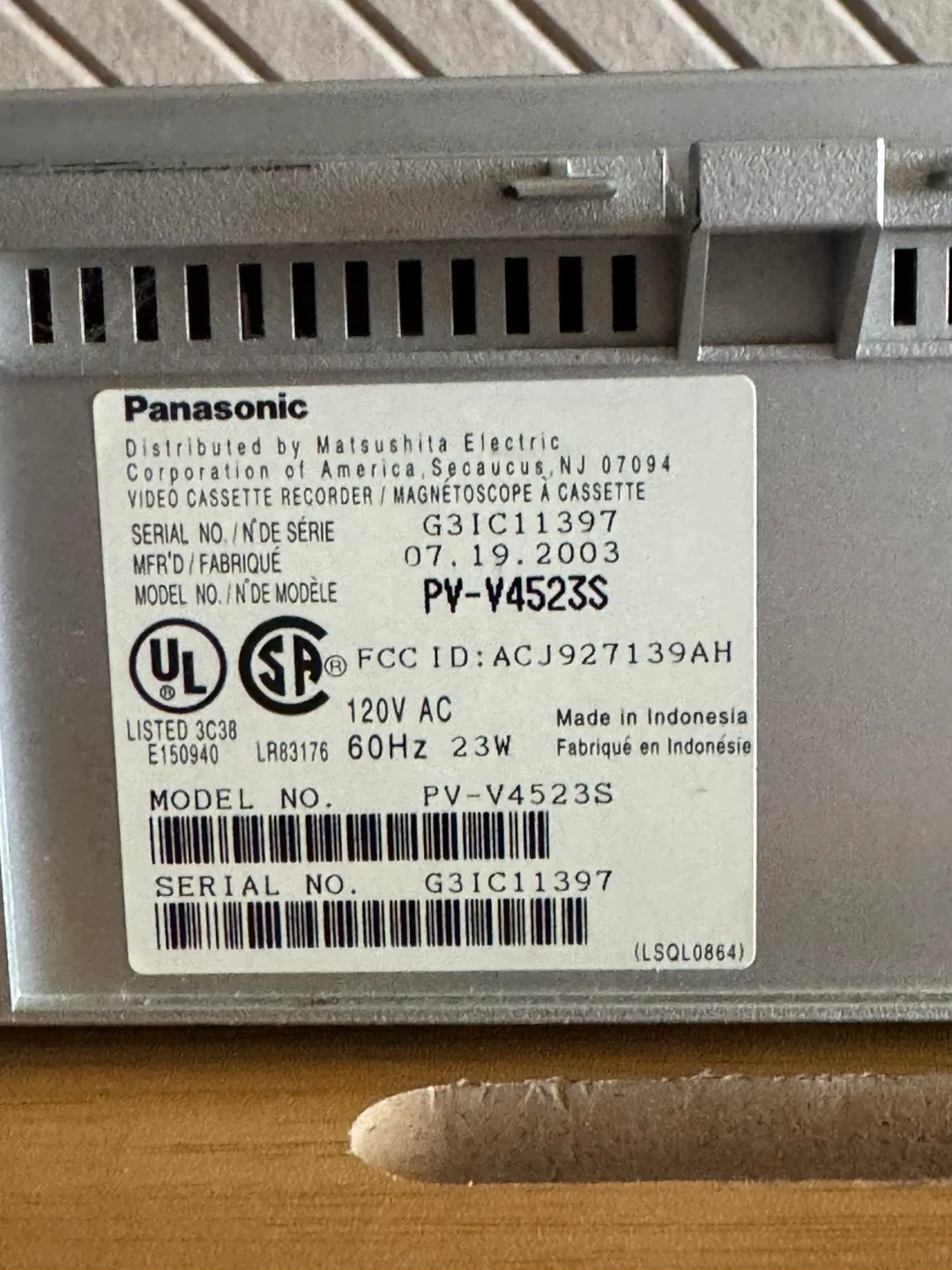 Panasonic PV-V4523S VCR Player image indicator(4)
