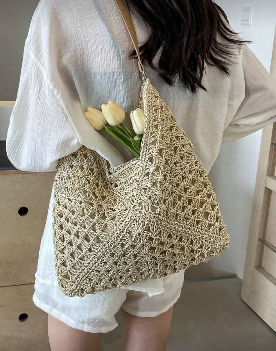 Woven Crochet Tote Bag with Brown Handles
