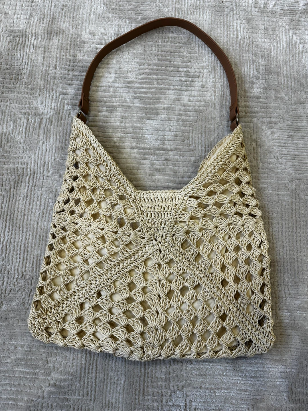 Woven Crochet Tote Bag with Brown Handles - photo 2