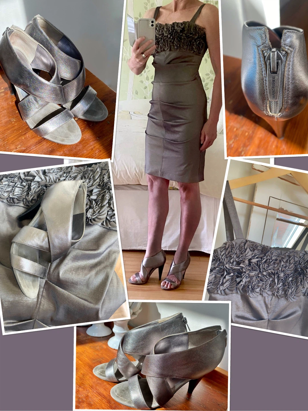 Gorgeous pewter dress/matching leather Marc Fisher shoes