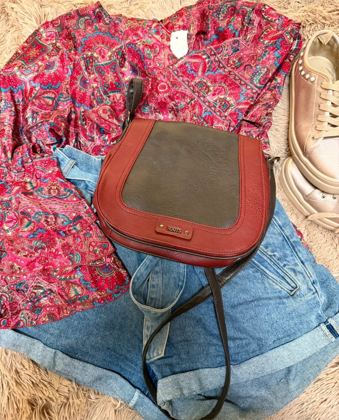 Roots Brown & Red Leather Crossbody Bag thumbnail