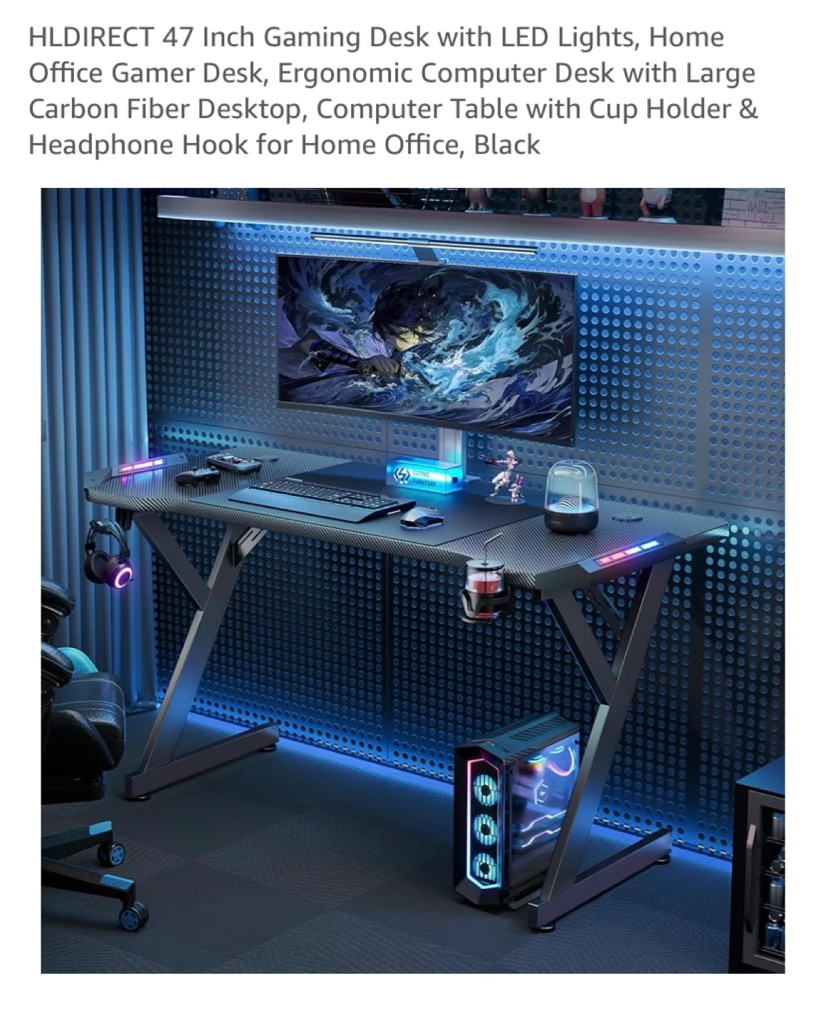 HLDIRECT 47 Inch Gaming Desk w/ LED Lights - Black