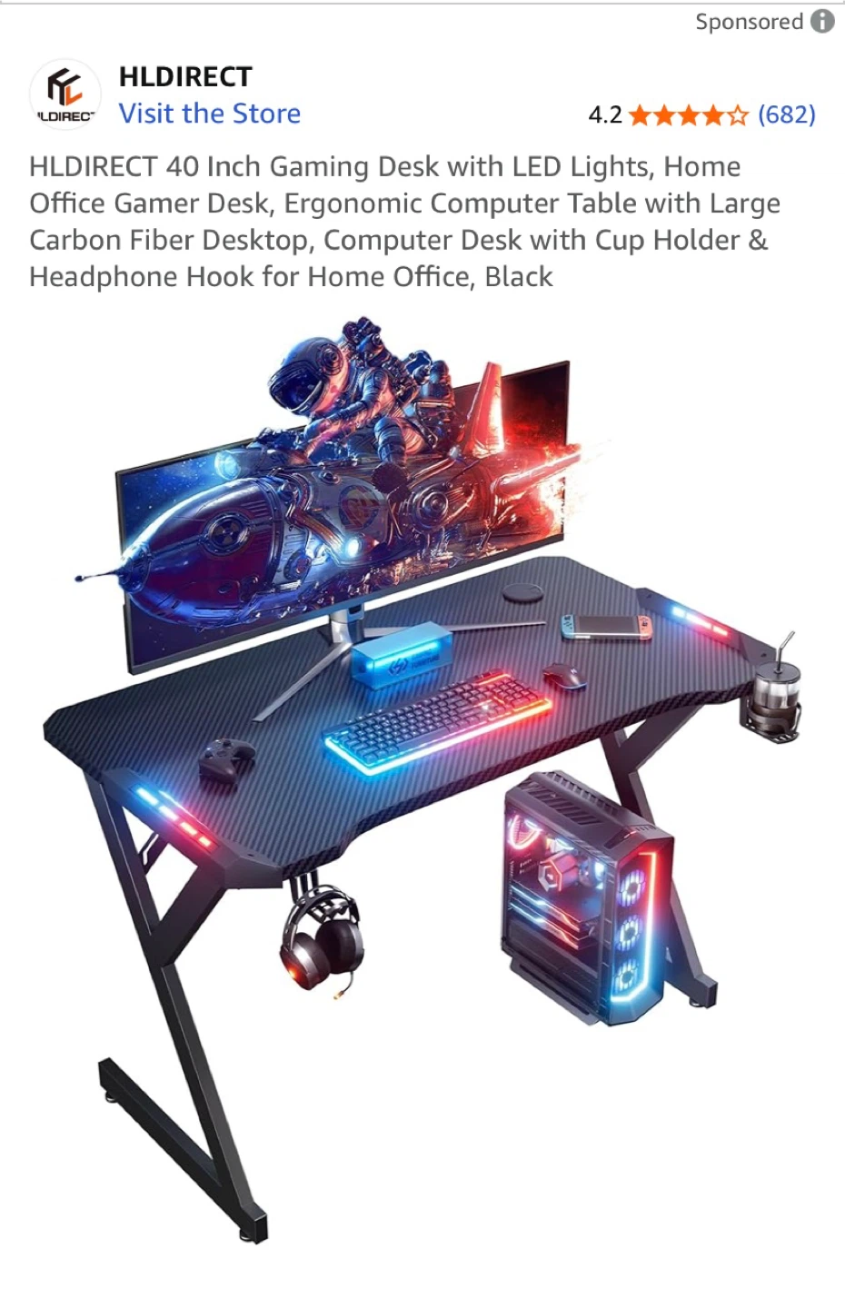 HLDIRECT 47 Inch Gaming Desk w/ LED Lights - Black - photo 4