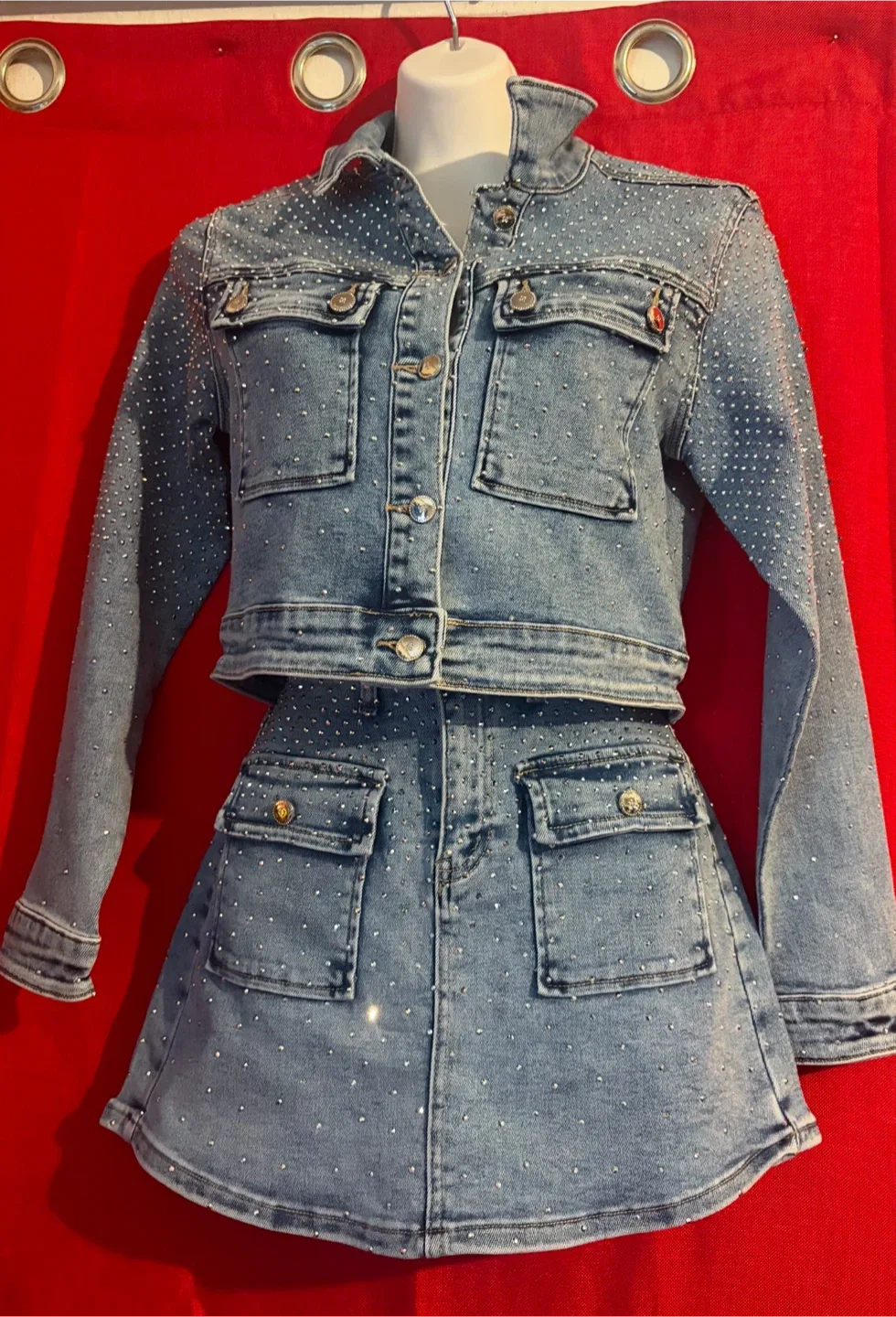 Denim Jacket & Skirt Set with Rhinestones thumbnail