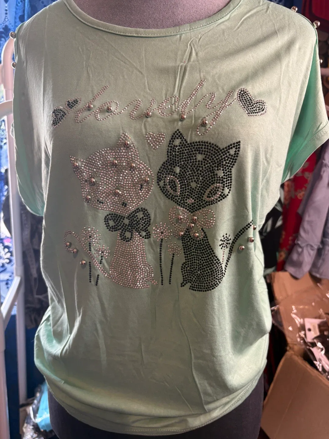 Yuna Lovely Cat Rhinestone T-Shirt, Size XL thumbnail