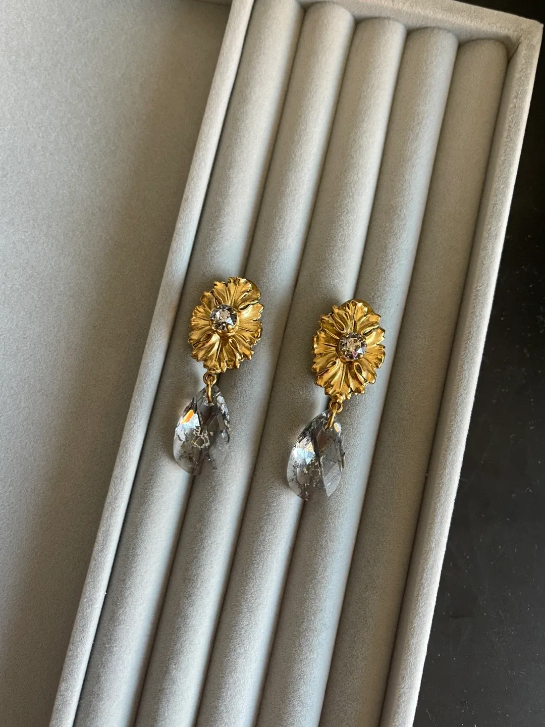 Antique French Flower Drop Earrings - Gold & Crystal image indicator(2)