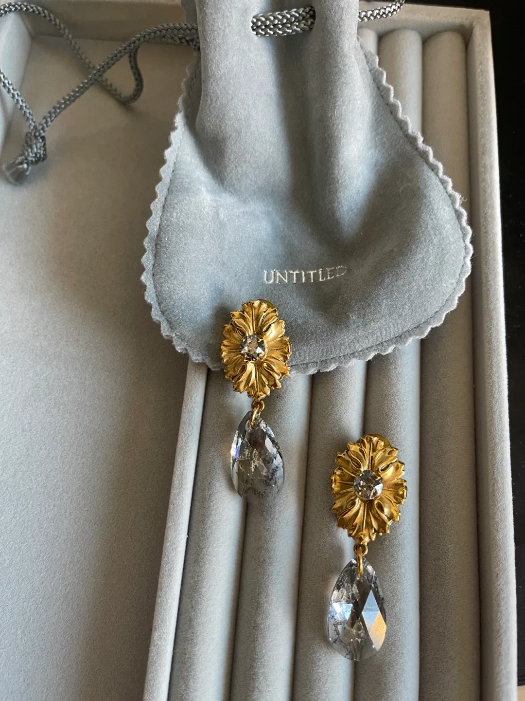 Antique French Flower Drop Earrings - Gold & Crystal thumbnail