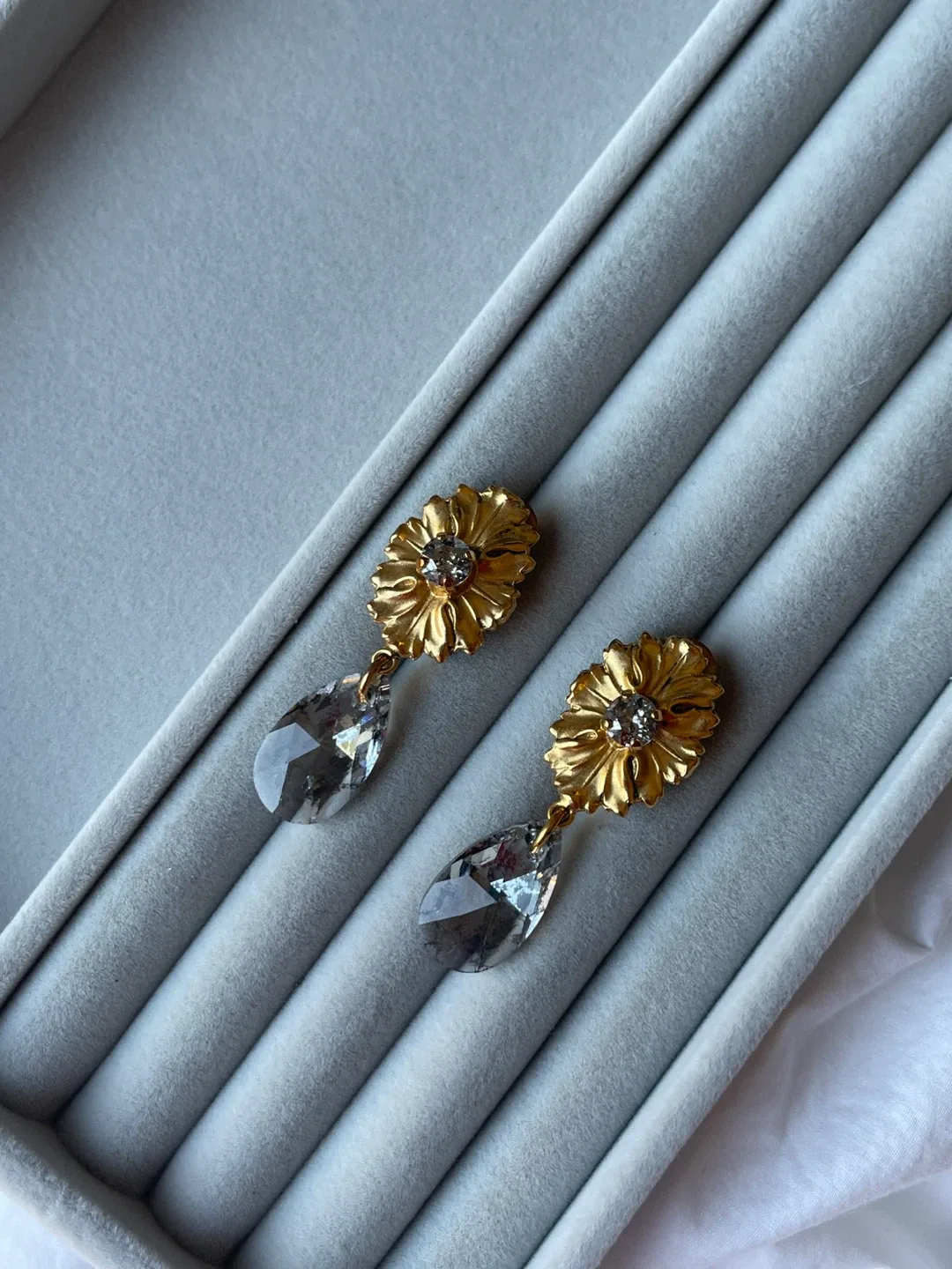 Antique French Flower Drop Earrings - Gold & Crystal image indicator(8)