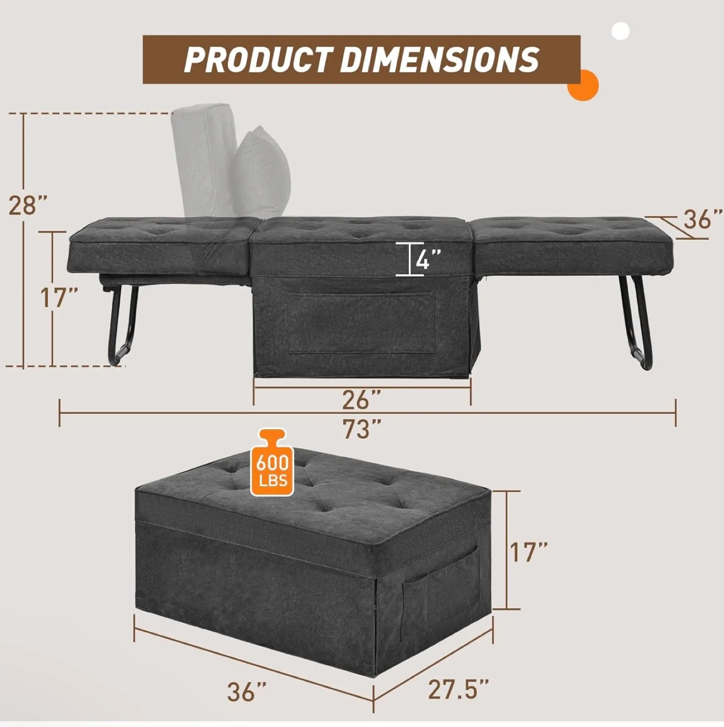 Folding Ottoman Sofa Bed, Convertible Chair 4 in 1 image indicator(2)