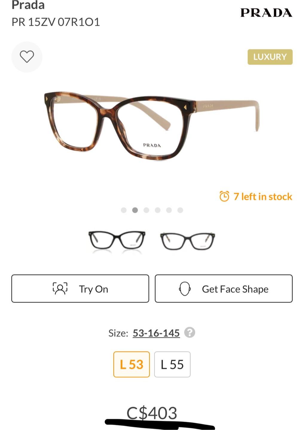 Prada PR 15ZV Tortoise Shell Eyeglasses Size 53-16-145