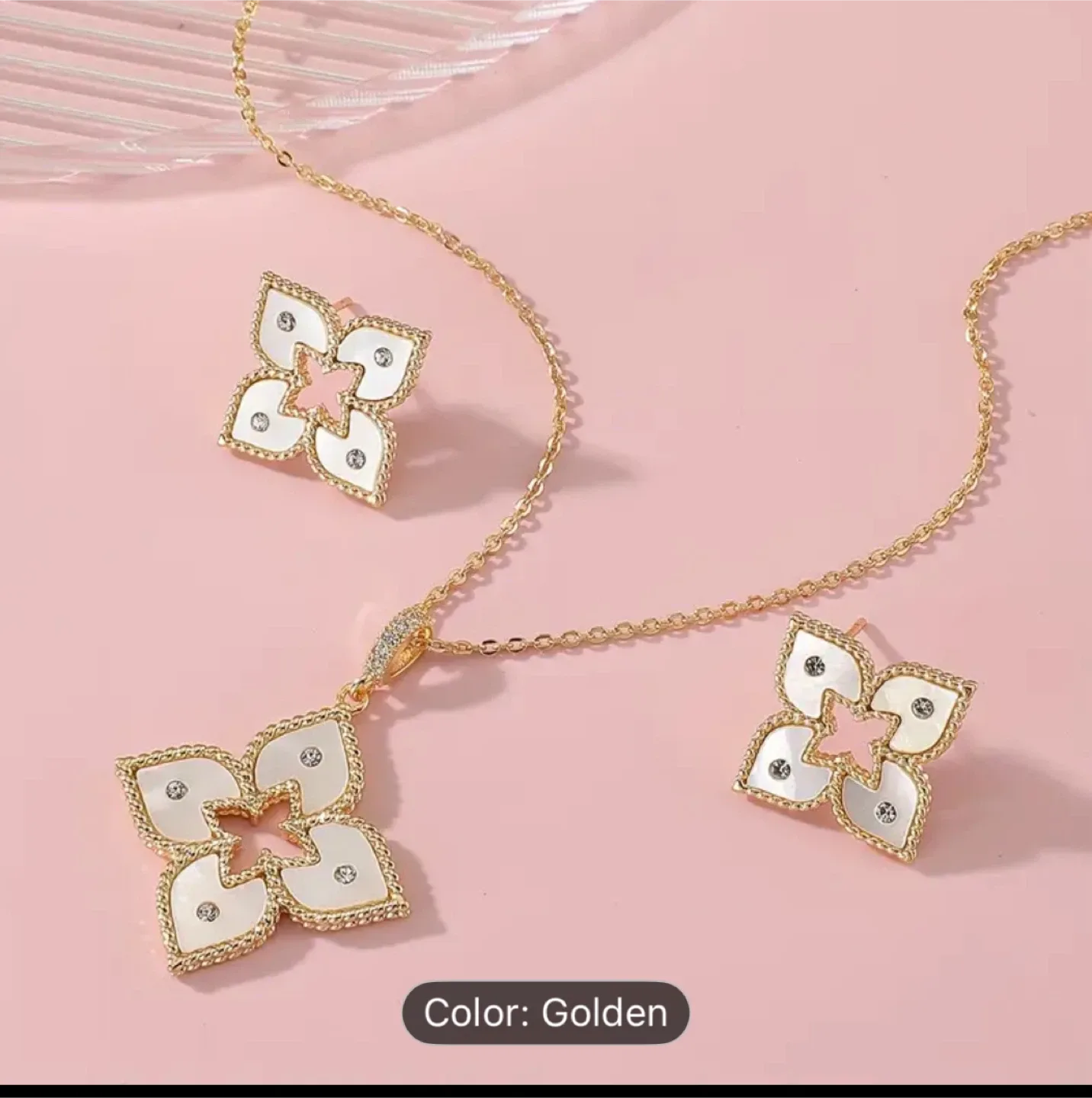 Flower Design Necklace and Earring Set - Golden image indicator(2)