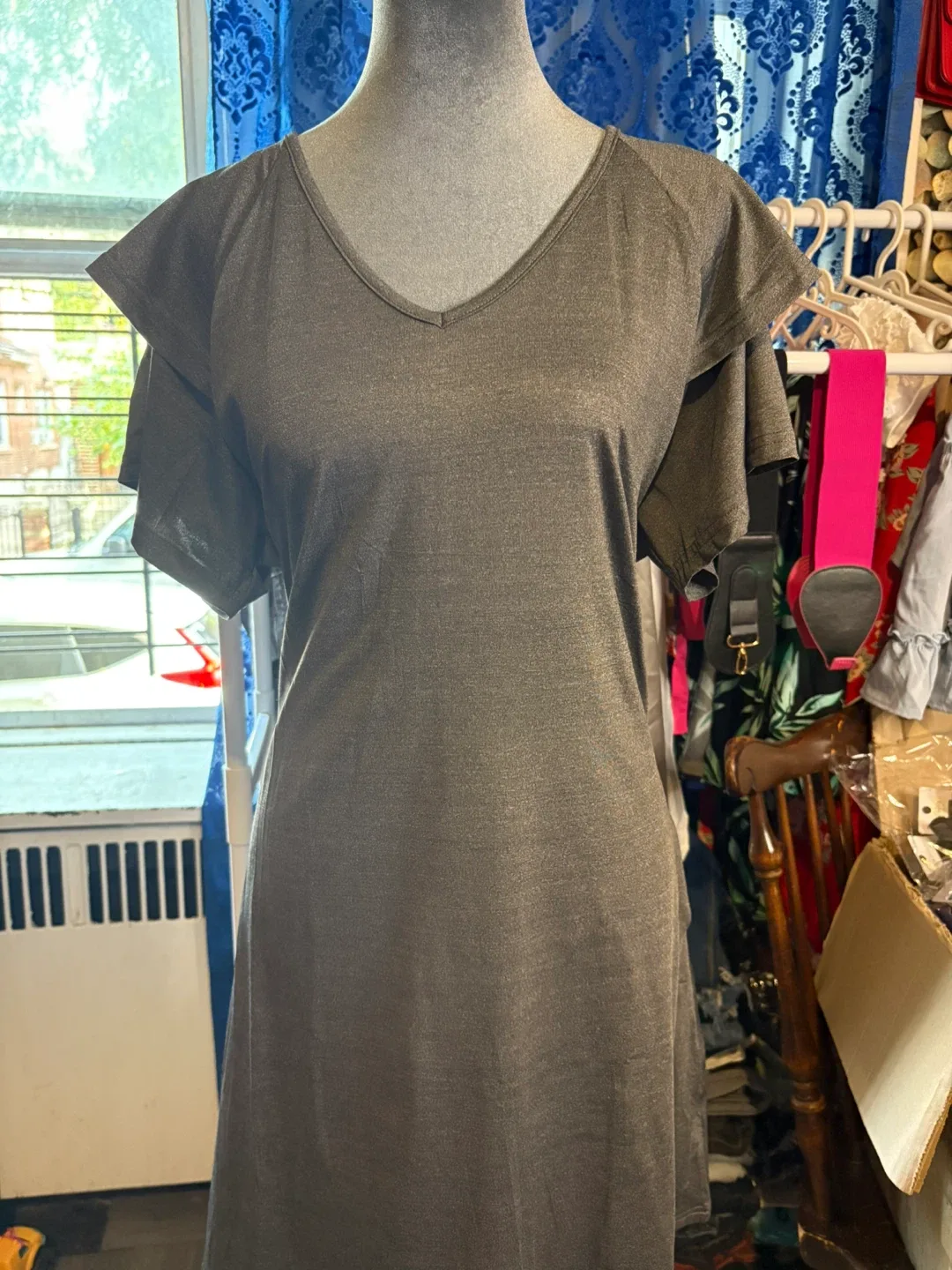 Gray V-Neck Dress with Ruffle Sleeves thumbnail