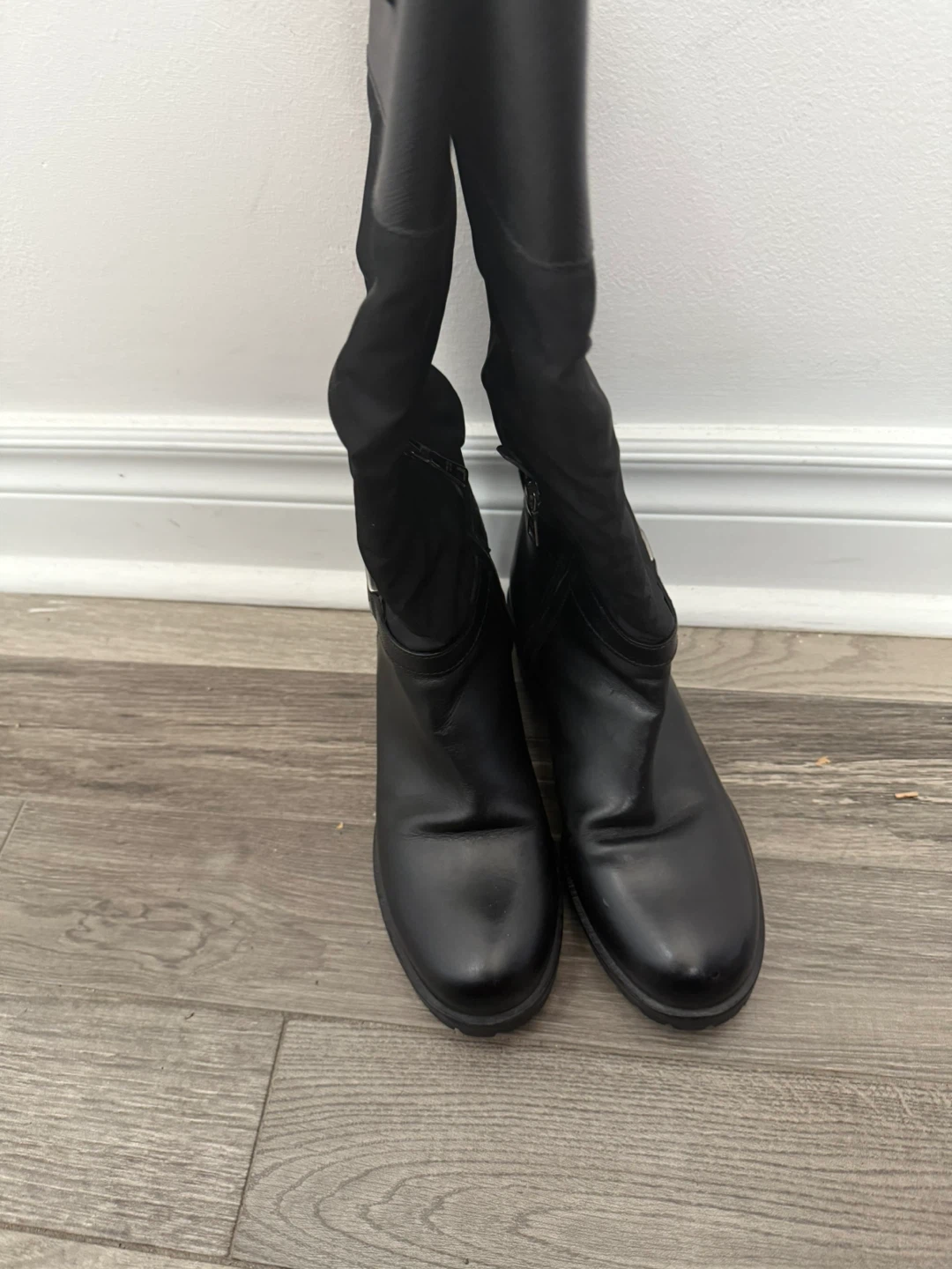 Prada Black Leather & Nylon Knee High Boots - Size 36