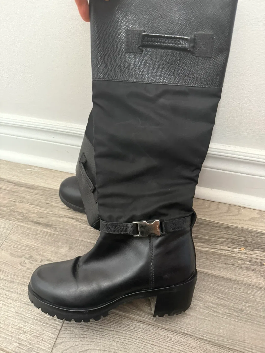 Prada Black Leather & Nylon Knee High Boots - Size 36 image indicator(2)