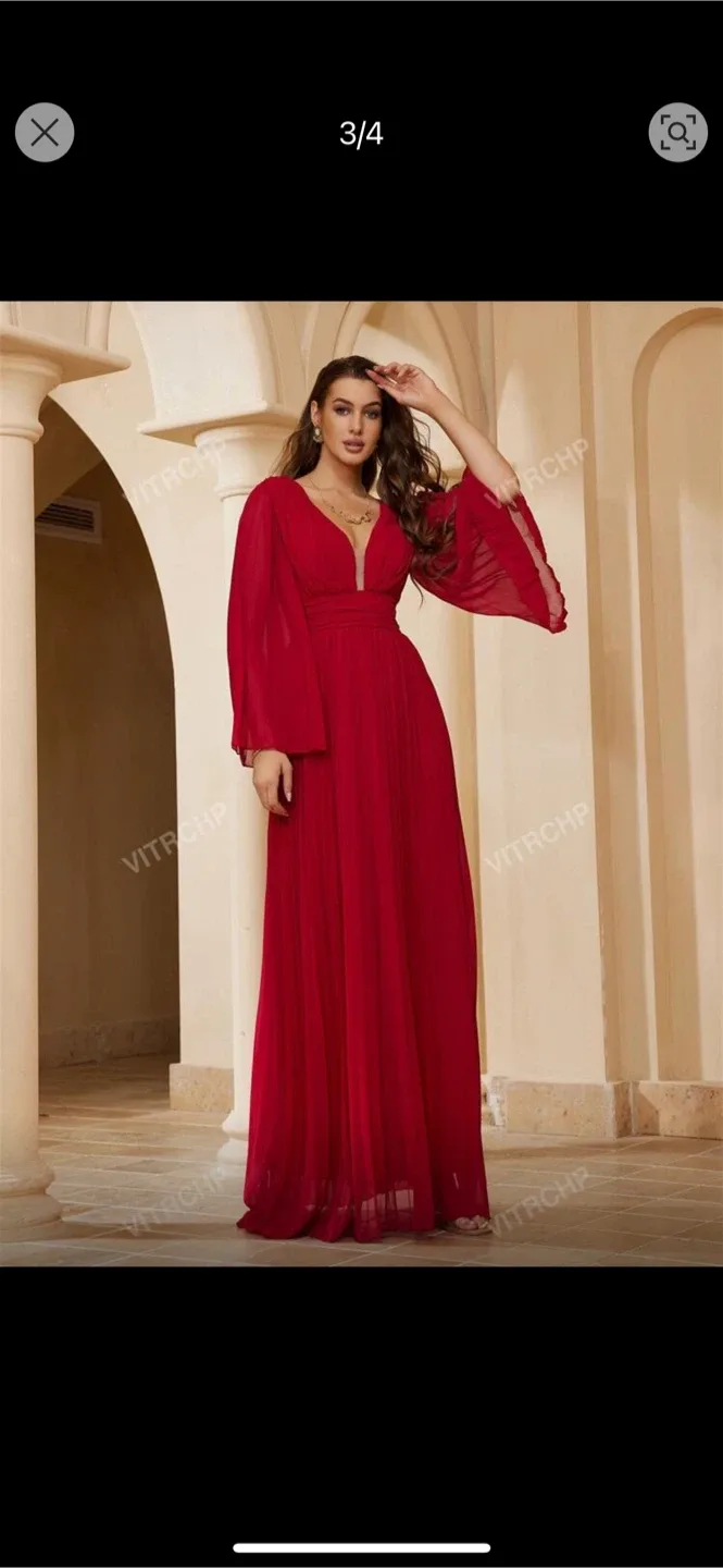 Red Maxi Dress with Flowing Sleeves image indicator(3)