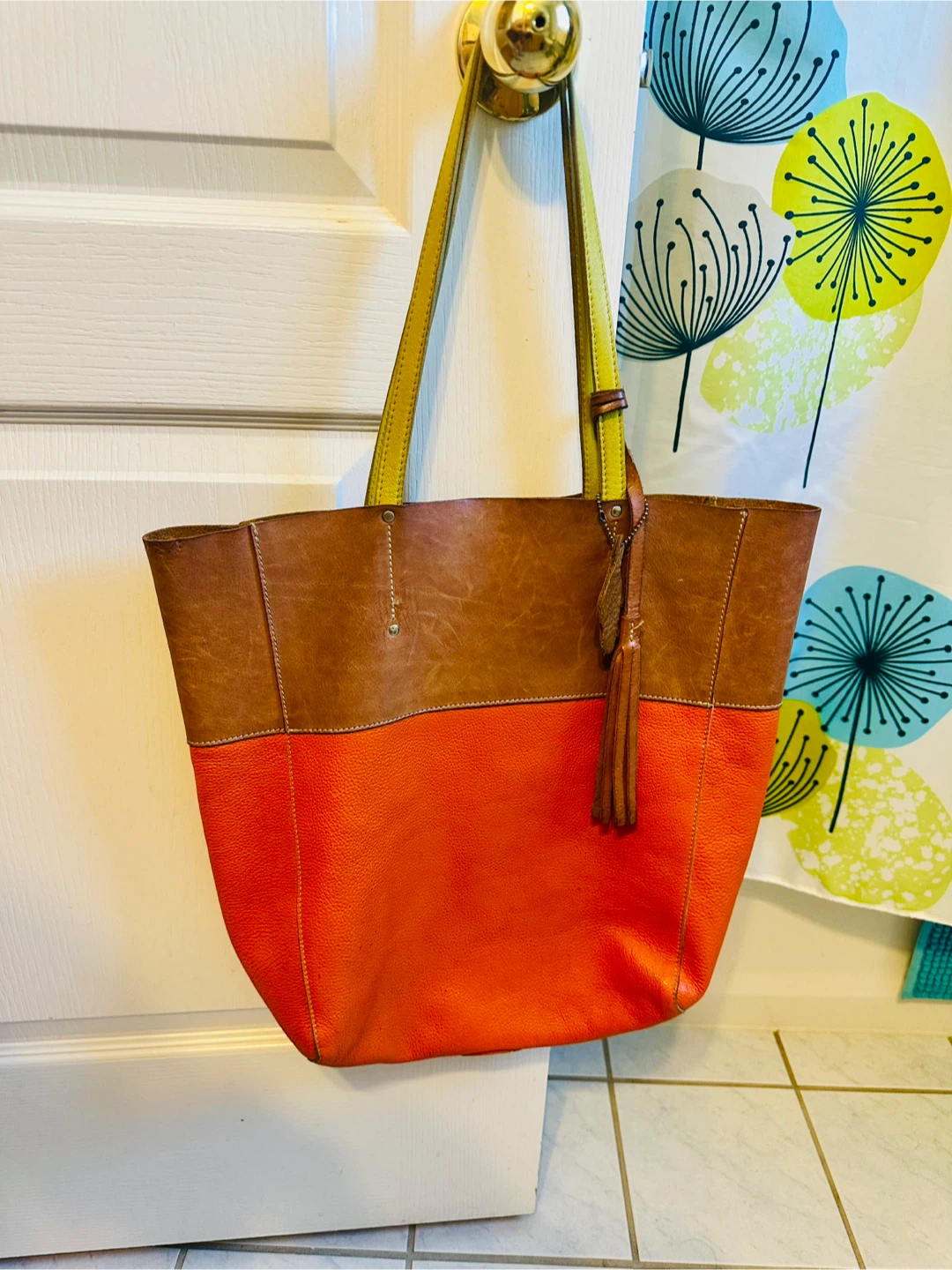 Roots Orange & Brown Leather Tote Bag