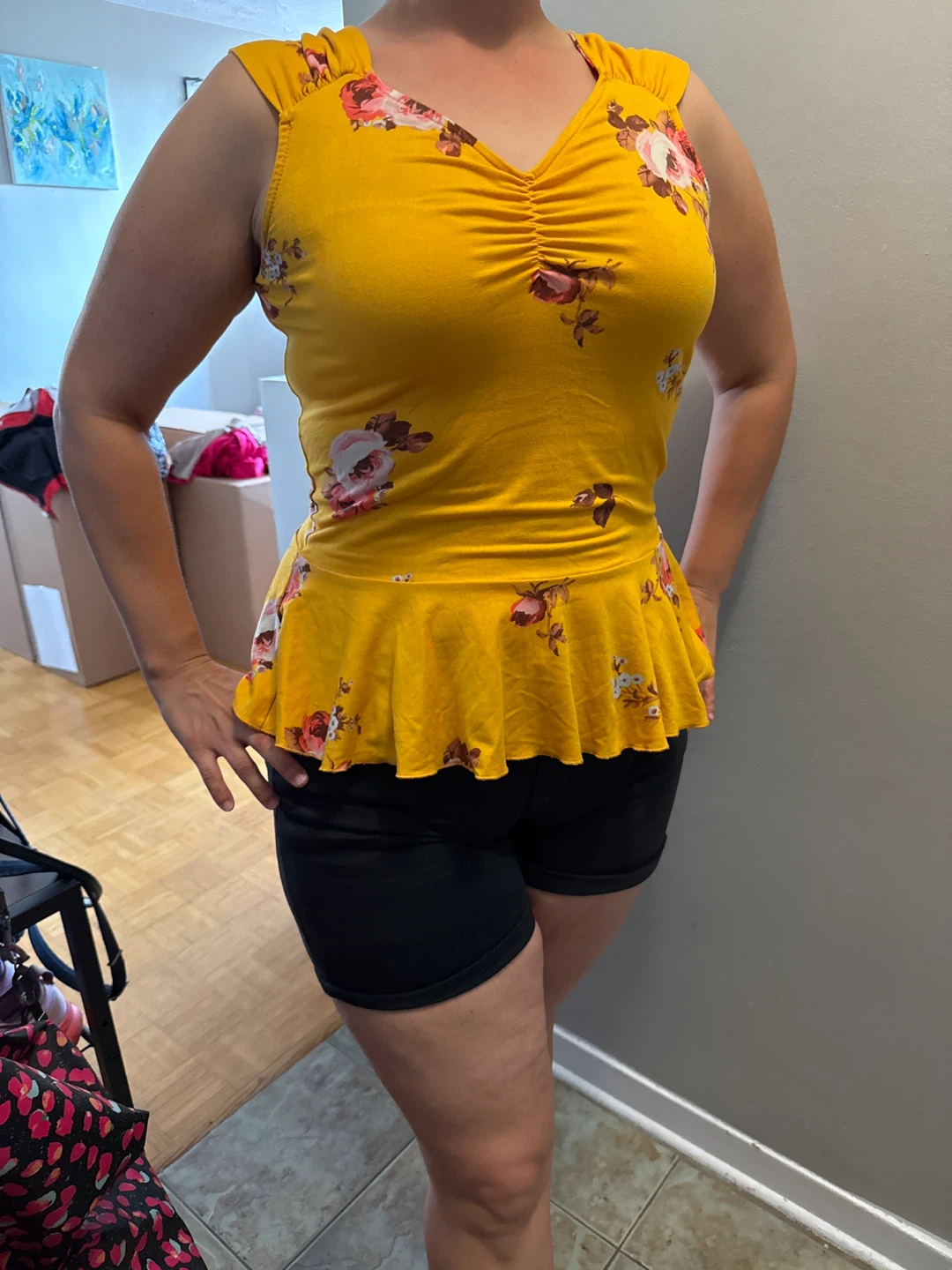 Suzy Sheer Yellow Floral Peplum Tank Top