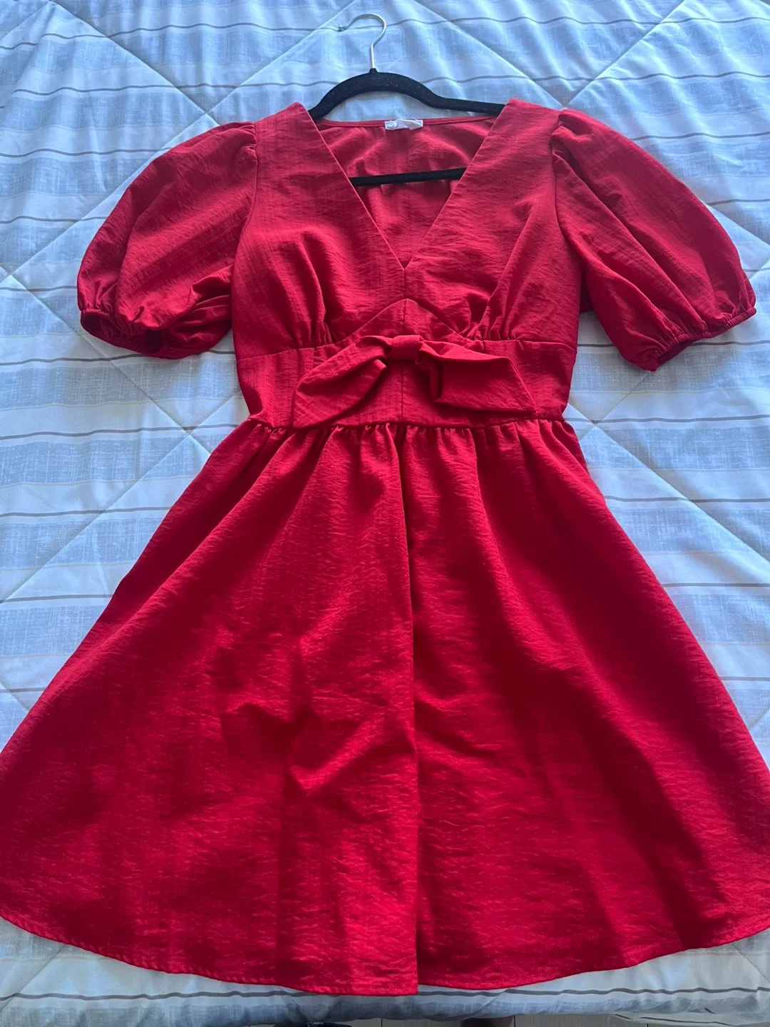 Red Puff Sleeve Dress with Bow thumbnail